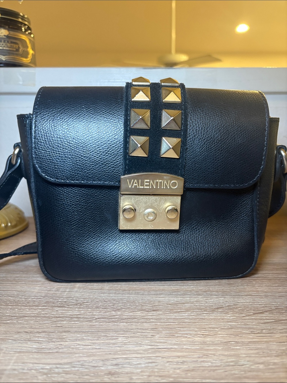 Valentino Black Leather Crossbody with Gold Pyramid Studs - USED AS IS
